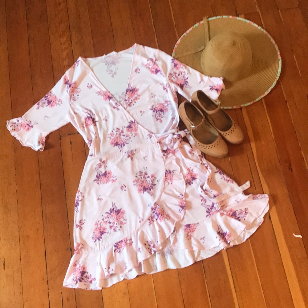 Elodie Wrap Dress Ruffle Pastel Pink Floral Print